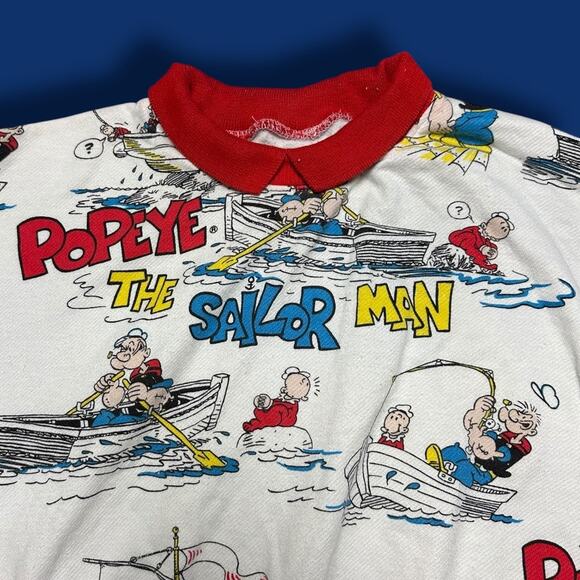 Vintage 80s Popeye the Sailor Man AOP Novelty Print Sweatshirt Collared M - Picture 2 of 5
